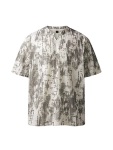 T-shirt oversize col en V pour homme avec motif tie-dye gris et blanc artistique