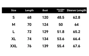 Detailed size chart for men baseball jacket showing length bust and shoulder measurements