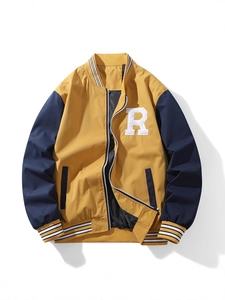 Men's yellow and navy blue varsity jacket with embroidered R letter on a white background