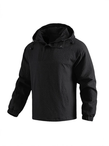Men's black waffle texture hoodie jacket with adjustable drawstring and half-zip collar