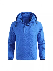 Blue waffle-textured men's hooded pullover jacket with drawstring and snap collar