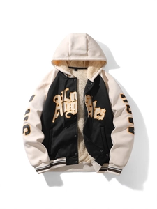 Men's heavy fleece lined varsity jacket with Los Angeles embroidery and contrast sleeves