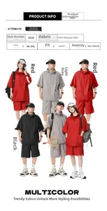 Size chart for breathable summer hooded shorts set in red, grey, and black colors