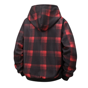 Back view of heavy red and black buffalo plaid fleece hooded jacket with ribbed cuffs