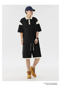 Ensemble polo d'été noir pour homme avec col contrasté et short décontracté assorti