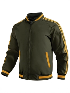 Giacca sportiva uomo verde oliva con strisce gialle a contrasto e collo baseball