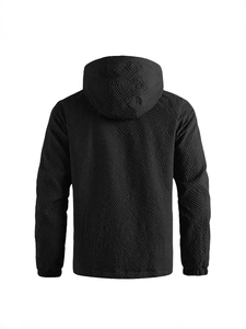 Men's black hooded outdoor sport jacket with honeycomb texture and elastic cuffs
