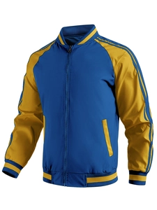 Giacca sportiva uomo blu e gialla con bordi elastici a coste e chiusura a zip intera