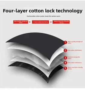 Detailed 5-layer fabric structure showing windproof material and warm composite cotton padding