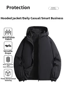 Detail view of the breathable mesh lining and windproof fabric of this black hooded jacket