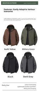Detail of outdoor hooded jackets in four colors featuring breathable mesh lining and zippers