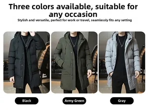 Dettaglio dei cappotti imbottiti con cappuccio da uomo in nero, verde e grigio