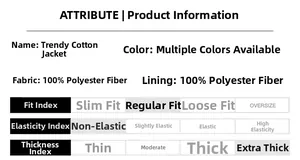 Size chart showing 100% polyester fabric details for padded winter puffer jacket