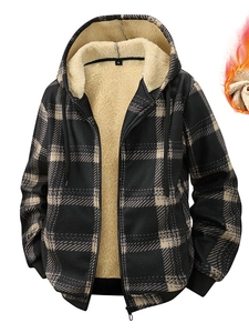 Men's Winter Hooded Plaid Jacket Fleece Lined Sherpa Warm Zip Up Casual Loose Outerwear Coat For Cold Weather Mens Top