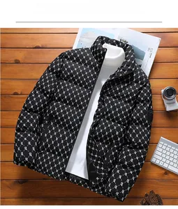 Detail of winter men's padded jacket with all-over letter B print and stand collar