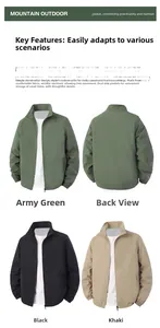 Detailed view of lightweight stand-up collar jackets in army green, black, and khaki colors
