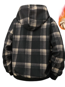 Men's winter hooded cardigan jacket in black and yellow plaid with thick fleece lining