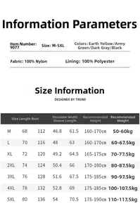 Detailed size chart for men outdoor hooded jacket featuring nylon fabric and mesh lining