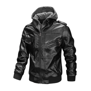 Détails de la veste en cuir noir pour homme avec capuche amovible grise et bords-côtes