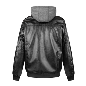 Détail macro de la texture en similicuir et capuche en maille grise pour homme
