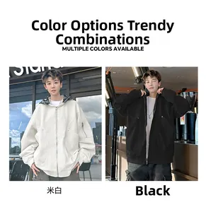 Detail view of men casual jackets in off-white and black featuring plaid hood lining and arm pockets