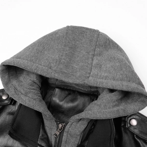Détail d'une veste en cuir pour homme avec capuche en maille grise et zip métallique