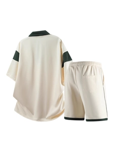 Survêtement d'été décontracté pour homme avec col polo et short rayé en beige et vert foncé