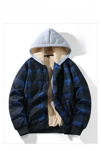 Detail of blue plaid jacket featuring thick white fleece lining and grey drawstring hood