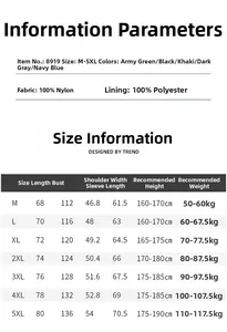 Detailed size guide for bomber jackets featuring measurements and material specs