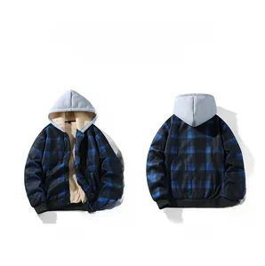 Detail of blue plaid hooded jacket featuring warm beige fleece lining and snap buttons