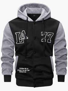 Detailed front view of knit color-block jacket with LA patch and 77 numeric design