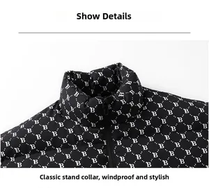 Close-up of winter stand collar jacket with white letter B and star patterns