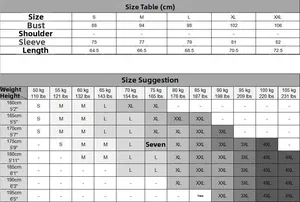 Detailed sizing chart for men's knit sweater including chest and sleeve measurements