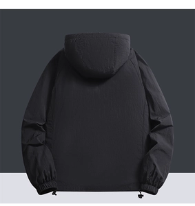 Rear view of black hooded windbreaker featuring adjustable drawstring hem and elastic cuffs