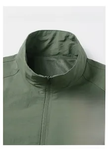 Detail of bomber jacket neck with mesh lining and windproof fabric texture