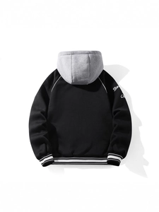 Men's American style hooded knit jacket with contrast grey hood and striped rib cuffs