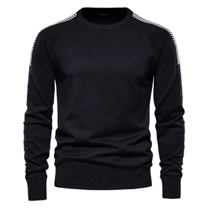 Men's black crewneck knit sweater featuring sporty white stripes on shoulders
