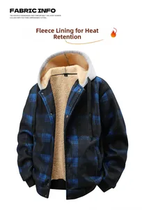 Detail of warm yellow sherpa lining and plaid fabric on a hooded men's jacket