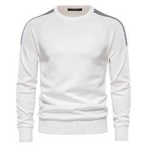 White long-sleeve knit sweater for men with striped shoulder details and textured sleeves