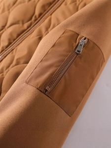 Brown quilted outdoor sports jacket for men with diamond stitching and metal zipper pocket