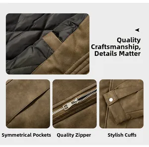 Detalles de chaqueta de gamuza marrón mostrando forro acolchado y cremalleras metálicas