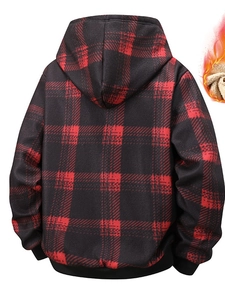 Men's red plaid hooded jacket with warm fleece lining and thermal heat retention design