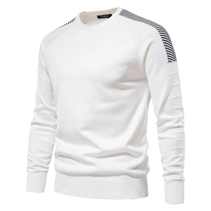 Men's slim fit white knit sweater with distinctive black diagonal shoulder patches