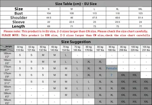 Size chart for men's business casual zipper polo shirt in European sizing from S to XXL