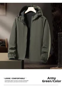 Detail view of army green hooded windbreaker jacket with mesh lining and elastic cuffs