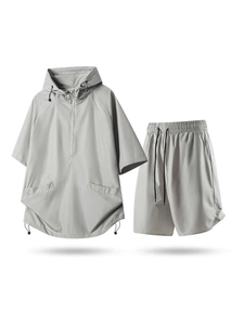 Light gray hooded short sleeve athletic set with breathable mesh fabric and drawstring hem