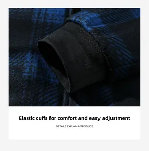 Detail view of the ribbed elastic cuff on blue plaid flannel jacket with thick fleece lining