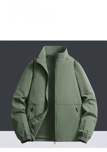 Detail view of olive green flight jacket showing quick-dry fabric and zip pockets
