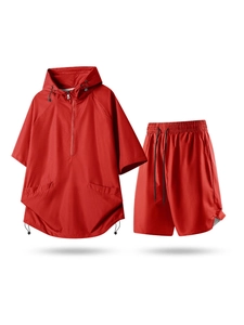 Men's athletic red short sleeve hoodie and shorts set with breathable mesh fabric