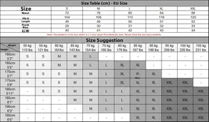 Tableau des tailles EUR pour short de sport homme à haute élasticité de la taille S à XXL